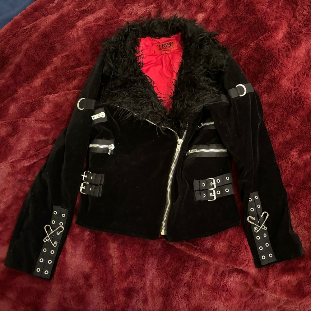 Rare Tripp nyc Black moto velvet zipper Jacket with Fur Collar